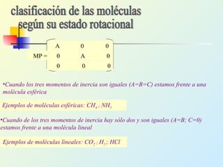 A 0 0
0 B 0
0 0 C
MP =
•Cuando los tres momentos de inercia son iguales (A=B=C) estamos frente a una
molécula esférica
Ejemplos de moléculas esféricas: CH4 ; NH3
A 0 0
0 A 0
0 0 A
MP =
•Cuando de los tres momentos de inercia hay sólo dos y son iguales (A=B; C=0)
estamos frente a una molécula lineal
A 0 0
0 A 0
0 0 0
MP =
Ejemplos de moléculas lineales: CO2 ; H2 ; HCl
 