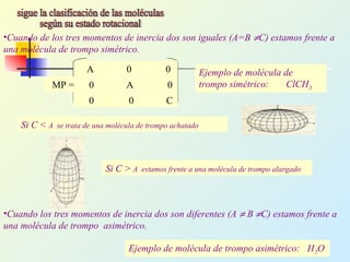 •Cuando de los tres momentos de inercia dos son iguales (A=B ≠C) estamos frente a
una molécula de trompo simétrico.
A 0 0
0 A 0
0 0 C
MP =
Ejemplo de molécula de
trompo simétrico: ClCH3
Si C < A se trata de una molécula de trompo achatado
Si C > A estamos frente a una molécula de trompo alargado
•Cuando los tres momentos de inercia dos son diferentes (A ≠ B ≠C) estamos frente a
una molécula de trompo asimétrico.
Ejemplo de molécula de trompo asimétrico: H2O
 