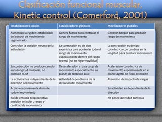 Estabilizadores locales               Estabilizadores globales            Movilizadores globales

Aumentan la rigidez (estabilidad)     Genera fuerza para controlar el     Generan torque para producir
del control de movimiento             rango de movimiento                 rango de movimiento
segmentario
Controlan la posición neutra de la    La contracción es de tipo           La contracción es de tipo
articulación                          excéntrica para controlar todo el   concéntrica con cambios en la
                                      rango de movimiento,                longitud para producir movimiento
                                      especialmente dentro del rango
                                      normal (no en hipermovilidad)
Su contracción no produce cambio      Desaceleración a baja carga de      Aceleración concéntrica de
en la longitud muscular, no           movimiento especialmente en         movimiento especialmente en el
produce ROM                           planos de rotación axial            plano sagital de flexo-extensión
La actividad es independiente de la   Actividad dependiente de la         Absorción de impacto de cargas
dirección del movimiento              dirección del movimiento
Activo continuamente durante                                              Su actividad es dependiente de la
todo el movimiento                                                        dirección
Rol de entrada propioceptiva,                                             No posee actividad continua
posición articular , rango y
cantidad de movimiento
 