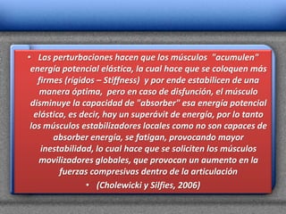 • Las perturbaciones hacen que los músculos "acumulen"
 energía potencial elástica, la cual hace que se coloquen más
   firmes (rígidos – Stiffness) y por ende estabilicen de una
    manera óptima, pero en caso de disfunción, el músculo
 disminuye la capacidad de "absorber" esa energía potencial
  elástica, es decir, hay un superávit de energía, por lo tanto
 los músculos estabilizadores locales como no son capaces de
       absorber energía, se fatigan, provocando mayor
    inestabilidad, lo cual hace que se soliciten los músculos
   movilizadores globales, que provocan un aumento en la
         fuerzas compresivas dentro de la articulación
                • (Cholewicki y Silfies, 2006)
 