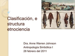 Clasificación, estructuraetnociencia Dra. Anne Warren Johnson AntropologíaSimbólica I 28 febrero del 2011 