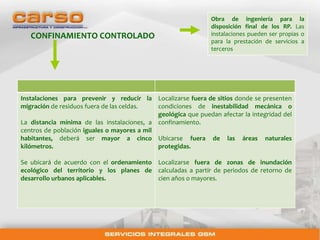 CONFINAMIENTO CONTROLADO 
Obra de ingeniería para la 
disposición final de los RP. Las 
instalaciones pueden ser propias o 
para la prestación de servicios a 
terceros 
Instalaciones para prevenir y reducir la 
migración de residuos fuera de las celdas. 
La distancia mínima de las instalaciones, a 
centros de población iguales o mayores a mil 
habitantes, deberá ser mayor a cinco 
kilómetros. 
Se ubicará de acuerdo con el ordenamiento 
ecológico del territorio y los planes de 
desarrollo urbanos aplicables. 
Localizarse fuera de sitios donde se presenten 
condiciones de inestabilidad mecánica o 
geológica que puedan afectar la integridad del 
confinamiento. 
Ubicarse fuera de las áreas naturales 
protegidas. 
Localizarse fuera de zonas de inundación 
calculadas a partir de periodos de retorno de 
cien años o mayores. 
 