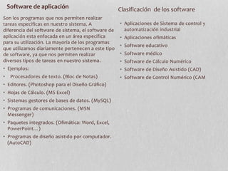 Son los programas que nos permiten realizar
tareas especificas en nuestro sistema. A
diferencia del software de sistema, el software de
aplicación esta enfocada en un área especifica
para su utilización. La mayoría de los programas
que utilizamos diariamente pertenecen a este tipo
de software, ya que nos permiten realizar
diversos tipos de tareas en nuestro sistema.
• Ejemplos:
• Procesadores de texto. (Bloc de Notas)
• Editores. (Photoshop para el Diseño Gráfico)
• Hojas de Cálculo. (MS Excel)
• Sistemas gestores de bases de datos. (MySQL)
• Programas de comunicaciones. (MSN
Messenger)
• Paquetes integrados. (Ofimática: Word, Excel,
PowerPoint…)
• Programas de diseño asistido por computador.
(AutoCAD)
• Aplicaciones de Sistema de control y
automatización industrial
• Aplicaciones ofimáticas
• Software educativo
• Software médico
• Software de Cálculo Numérico
• Software de Diseño Asistido (CAD)
• Software de Control Numérico (CAM
Software de aplicación Clasificación de los software
 