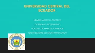 NOMBRE: ARACELLY CORDOVA 
CATEDRA DE : BIOSEGURIDAD 
DOCENTE: DR. MARCELO CHIRIBOGA 
TERCER SEMESTRE DE LABORATORIO CLINICO 
 