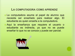 La computadora como aprendizLa computadora asume el papel de alumnoquenecesitaserenseñadopararealizaralgo. El estudiante es quienenseña a la computadora.Aqui la enseñanzaquerequiere el usuario o estudiante es indirecta, yaque no se puedeenseñar lo que no se conoce y puedeserparcial.