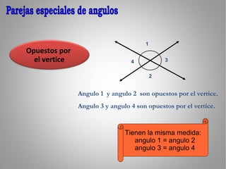 1 2 3 4 Angulo 1  y angulo 2  son opuestos por el vertice. Angulo 3 y angulo 4 son opuestos por el vertice. Tienen la misma medida: angulo 1 = angulo 2 angulo 3 = angulo 4 Parejas especiales de angulos Opuestos por  el vertice 