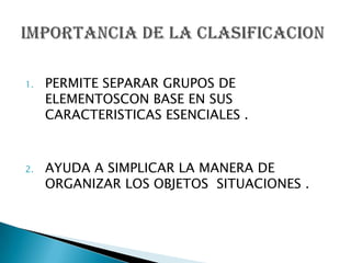 1.

2.

PERMITE SEPARAR GRUPOS DE
ELEMENTOSCON BASE EN SUS
CARACTERISTICAS ESENCIALES .

AYUDA A SIMPLICAR LA MANERA DE
ORGANIZAR LOS OBJETOS SITUACIONES .

 