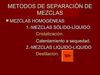 METODOS DDEE SSEEPPAARRAACCIIÓÓNN DDEE 
MMEEZZCCLLAASS 
 MMEEZZCCLLAASS HHOOMMOOGGÉÉNNEEAASS:: 
11..--MMEEZZCCLLAASS SSÓÓLLIIDDOO--LLÍÍQQUUIIDDOO:: 
CCrriissttaalliizzaacciióónn.. 
CCaalleennttaammiieennttoo aa sseeqquueeddaadd.. 
22..--MMEEZZCCLLAASS LLIIQQUUIIDDOO--LLIIQQUUIIDDOO 
DDeessttiillaacciióónn.. 
 