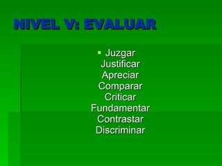 NIVEL V: EVALUAR Juzgar  Justificar  Apreciar  Comparar  Criticar  Fundamentar  Contrastar  Discriminar  