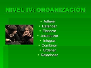 NIVEL IV: ORGANIZACIÓN Adherir  Defender  Elaborar  Jerarquizar  Integrar  Combinar  Ordenar  Relacionar  