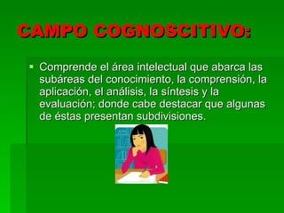 CAMPO COGNOSCITIVO: Comprende el área intelectual que abarca las subáreas del conocimiento, la comprensión, la aplicación, el análisis, la síntesis y la evaluación; donde cabe destacar que algunas de éstas presentan subdivisiones. 
