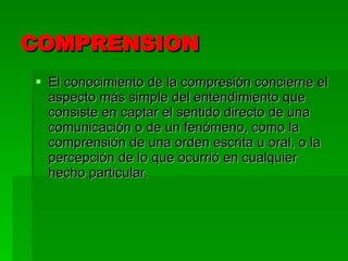 COMPRENSION El conocimiento de la compresión concierne el aspecto más simple del entendimiento que consiste en captar el sentido directo de una comunicación o de un fenómeno, como la comprensión de una orden escrita u oral, o la percepción de lo que ocurrió en cualquier hecho particular. 