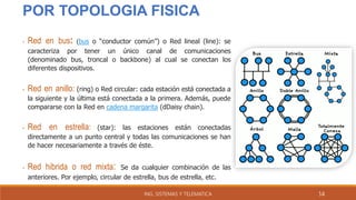 POR TOPOLOGIA FISICA
• Red en bus: (bus o “conductor común”) o Red lineal (line): se
caracteriza por tener un único canal de comunicaciones
(denominado bus, troncal o backbone) al cual se conectan los
diferentes dispositivos.
• Red en anillo: (ring) o Red circular: cada estación está conectada a
la siguiente y la última está conectada a la primera. Además, puede
compararse con la Red en cadena margarita (dDaisy chain).
• Red en estrella: (star): las estaciones están conectadas
directamente a un punto central y todas las comunicaciones se han
de hacer necesariamente a través de éste.
• Red hibrida o red mixta: Se da cualquier combinación de las
anteriores. Por ejemplo, circular de estrella, bus de estrella, etc.
ING. SISTEMAS Y TELEMATICA 14
 