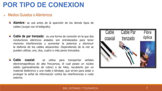 POR TIPO DE CONEXION
 Medios Guiados o Alámbricos
Alambre: se usó antes de la aparición de los demás tipos de
cables (surgió con el telégrafo).
Cable de par trenzado: es una forma de conexión en la que dos
conductores eléctricos aislados son entrelazados para tener
menores interferencias y aumentar la potencia y disminuir
la diafonía de los cables adyacentes. Dependiendo de la red se
pueden utilizar, uno, dos, cuatro o más pares trenzados.
Cable coaxial: se utiliza para transportar señales
electromagnéticas de alta frecuencia, el cual posee un núcleo
sólido (generalmente de cobre) o de hilos, recubierto por un
material dieléctrico y una malla o blindaje, que sirven para aislar o
proteger la señal de información contra las interferencias o ruido
exterior.
ING. SISTEMAS Y TELEMATICA 7
 