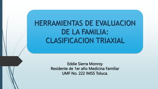 HERRAMIENTAS DE EVALUACION
DE LA FAMILIA:
CLASIFICACION TRIAXIAL
Eddie Sierra Monroy
Residente de 1er año Medicina Familiar
UMF No. 222 IMSS Toluca.
 