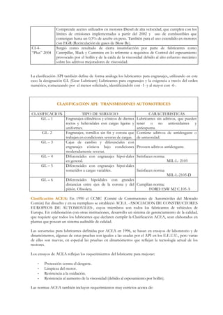 Comprende aceites utilizados en motores Diesel de alta velocidad, que cumplen con los
                 límites de emisiones implementadas a partir del 2002 y uso de combustibles que
                 contengan hasta un 0,5% de azufre en peso. También para el uso extendido en motores
                 con EGR (Recirculación de gases de Blow By).
CI-4-            Surgió como resultado de cierta insatisfacción por parte de fabricantes como
“Plus” 2004      Caterpillar, Mack y Cummins en lo referente a requisitos de Control del espesamiento
                 provocado por el hollín y de la caída de la viscosidad debido al alto esfuerzo mecánico
                 sobre los aditivos mejoradores de viscosidad.


La clasificación API también define de forma análoga los lubricantes para engranajes, utilizando en este
caso la designación GL (Gear Lubricant) Lubricantes para engranajes y la exigencia a través del orden
numérico, comenzando por el menor solicitado, identificándolo con -1- y al mayor con -6-.



                 CLASIFICACION API: TRANSMISIONES AUTOMOTRICES

CLASIFICACION           TIPO DE SERVICIO                                  CARACTERISTICAS
    GL – 1    Engranajes cilíndricos y cónicos de dientes          Lubricantes sin aditivos, que pueden
              rectos y helicoidales con cargas ligeras y           tener o no antioxidantes y
              uniformes.                                           antiespuma.
     GL- 2    Engranajes, tornillos sin fin y corona que           Contiene aditivos de antidesgaste o
              trabajan en condiciones severas de cargas.           de untuosidad.
    GL – 3    Cajas de cambio y diferenciales con
              engranajes cónicos bajo condiciones                  Proveen aditivos antidesgaste.
              moderadamente severas.
    GL – 4    Diferenciales con engranajes hipoi-dales             Satisfacen norma:
              en general.                                                               MIL-L- 2105
    GL – 5    Diferenciales con engranajes hipoi-dales
              sometidos a cargas variables.                        Satisfacen norma:
                                                                               MIL-L-2105-D
        GL – 6        Diferenciales hipoidales con grandes
                      distancias entre ejes de la corona y del Cumplían norma:
                      piñón. Obsoleta.                               FORD ESW M2 C.105 A

Clasificación ACEA: En 1990 el CCMC (Comité de Constructores de Automóviles del Mercado
Común) fue disuelto y en su reemplazo se estableció ACEA. -ASOCIACION DE CONSTRUCTORES
EUROPEOS DE AUTOMOVILES-, cuyos miembros son todos los fabricantes de vehículos de
Europa. En colaboración con otras instituciones, desarrollo un sistema de gerenciamiento de la calidad,
que requiere que todos los lubricantes que declaren cumplir la Clasificación ACEA, sean elaborados en
plantas que posean un sistema auditable de calidad.

Las secuencias para lubricantes definidas por ACEA en 1996, se basan en ensayos de laboratorio y de
dinamómetros, algunas de estas pruebas son iguales a las usadas por el API en los E.E.U.U., pero varias
de ellas son nuevas, en especial las pruebas en dinamómetros que reflejan la tecnología actual de los
motores.

Los ensayos de ACEA reflejan los requerimientos del lubricante para mejorar:

    -    Protección contra el desgaste.
    -    Limpieza del motor.
    -    Resistencia a la oxidación.
    -    Resistencia al aumento de la viscosidad (debido al espesamiento por hollín).

Las normas ACEA también incluyen requerimientos muy estrictos acerca de:
 