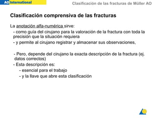 Clasificación de las fracturas de Müller AO
La anotación alfa-numérica sirve:
- como guía del cirujano para la valoración de la fractura con toda la
precisión que la situación requiera
- y permite al cirujano registrar y almacenar sus observaciones,
- Pero, depende del cirujano la exacta descripción de la fractura (ej.
datos correctos)
- Esta descripción es:
- esencial para el trabajo
- y la llave que abre esta clasificación
Clasificación comprensiva de las fracturas
 