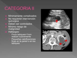  Mínimamente complicados
 No requieren intervención
quirurgica
 Deben ser controlados
 Mínimo riesgo de
malignidad
 Hallazgos:
› Finos tabiques<1mm
realzan suavemente
› Pequeñas calcificaciones
finas en la pared o en los
tabiques
 