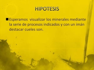 Esperamos visualizar los minerales mediante
 la serie de procesos indicados y con un imán
 destacar cueles son.
 
