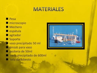    Pesa
   microscopio
   Mechero
   espátula
   agitador
   Soporte
   vaso precipitado 50 ml
   pinzas para vaso
   probeta de 50ml
   vaso precipitado de 600ml
   tela de asbesto
 