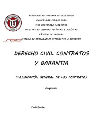 REPUBLICA BOLIVARIANA DE VENEZUELA
UNIVERSIDAD FERMÍN TORO
VICE RECTORADO ACADÉMICO
FACULTAD DE CIENCIAS POLÍTICAS Y JURÍDICAS
ESCUELA DE DERECHO
SISTEMA DE APRENDIZAJE INTERACTIVO A DISTANCIA
DERECHO CIVIL CONTRATOS
Y GARANTIA
CLASIFICACIÓN GENERAL DE LOS CONTRATOS
Esquema
Participante:
 