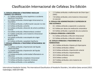 6. CEFALEA ATRIBUIDA A TRASTORNO VASCULAR
CRANEAL Y/O CERVICAL
• 6.1 Cefalea atribuida a ictus isquémico o accidente
isquémico transitorio
• 6.2 Cefalea atribuida a hemorragia intracraneal no
traumática
• 6.3 Cefalea atribuida a malformación vascular no roto
• 6.4 Cefalea atribuida a arteritis
• 6.5 Cefalea atribuida a disección de arteria carótida o
cervical
• 6.6 Cefalea atribuida a flebotrombosis cerebral
• 6.7 Cefalea atribuida a otro trastorno intracraneal
arterial agudo
• 6.8 Cefalea atribuida a vasculopatía de origen
genético
• 6.9 Cefalea atribuida a apoplejía hipofisaria
7. CEFALEA ATRIBUIDA A TRASTORNO INTRACRANEAL NO
VASCULAR
• 7.1 Cefalea atribuida a hipertensión del líquido
cefalorraquídeo
• 7.2 Cefalea atribuida a hipotensión del líquido
cefalorraquídeo
• 7.3 Cefalea atribuida a enfermedad inflamatoria no
infecciosa
• 7.4 Cefalea atribuida a neoplasia intracraneal
• 7.5 Cefalea atribuida a inyección intratecal
• 7.6 Cefalea atribuida a crisis epiléptica
• 7.7 Cefalea atribuida a malformación de Chiari tipo I
(CM1)
• 7.8 Cefalea atribuida a otro trastorno intracraneal
no vascular
8. CEFALEA POR ADMINISTRACION O SUPRESION DE
UNA SUSTANCIA
• 8.1. Cefalea atribuida a exposición a sustancias
• 8.2 Cefalea por abuso de medicación sintomática
• 8.3 Cefalea atribuida a supresión de una sustancia
9. CEFALEA ATRIBUIDA A INFECCIÓN
• 9.1 Cefalea atribuida a infección intracraneal
• 9.2 Cefalea atribuida a infección sistémica
10. CEFALEA ATRIBUIDA A TRASTORNO DE LA
HOMEOSTASIS
• 10.1 Cefalea atribuida a hipoxia y/o hipercapnia
• 10.2 Cefalea atribuida a diálisis
• 10.3 Cefalea atribuida a hipertensión arterial
• 10.4 Cefalea atribuida a hipotiroidismo
• 10.5 Cefalea atribuida a ayuno
• 10.6 Cefalea cardíaca
• 10.7 Cefalea atribuida a otro trastorno de
homeostasis
Clasificación Internacional de Cefaleas 3ra Edición
International Headache Society. The International Classification of Headache Disorders, 3rd edition (beta version) 2013.
Cephalalgia; 33(9) 629–808.
 