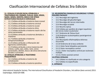 11. CEFALEA O DOLOR FACIAL ATRIBUIDA A
TRASTORNOS DEL CRÁNEO, CUELLO, OJOS, OÍDOS,
NARIZ, SENOS, DIENTES, BOCA O DE OTRAS
ESTRUCTURAS FACIALES O CERVICALES
• 11.1 Cefalea atribuida a trastorno óseo craneal
• 11.2 Cefalea atribuida a trastorno cervical
• 11.3 Cefalea atribuida a trastorno ocular
• 11.4 Cefalea atribuida a trastorno ótico
• 11.5 Cefalea atribuida a trastorno nasal o de los
senos paranasales
• 11.6 Cefalea atribuida a trastornos dentales o
maxilares
• 11.7 Cefalea atribuida a trastorno
temporomandibular
• 11.8 Cefalea atribuida a inflamación del
ligamento estilohioideo
• 11.9 Cefalea atribuida a otros trastornos del
cráneo, cuello, ojos, oídos, nariz, senos
paranasales, dientes, boca o de otras estructuras
faciales o cervicales
12. CEFALEA ATRIBUIDA A TRASTORNO
PSIQUIÁTRICO
• 12.1 Cefalea atribuida a trastorno de
somatización
• 12.2 Cefalea atribuida a trastorno psicótico
13. NEUROPATÍAS CRANEALES DOLOROSAS Y OTROS
DOLORES FACIALES
• 13.1 Neuralgia del trigémino
• 13.2 Neuralgia del glosofaríngeo
• 13.3 Neuralgia del nervio intermedio
• 13.4 Neuralgia occipital
• 13.5 Neuritis óptica
• 13.6 Cefalea por parálisis de origen isquémico
del nervio motor oculomotor
• 13.7 Síndrome de Tolosa-Hunt
• 13.8 Síndrome oculosimpático paratrigeminal
(de Raeder)
• 13.9 Neuropatía oftalmopléjica dolorosa
recurrente
• 13.10 Síndrome de la boca ardiente
• 13.11 Dolor facial idiopático persistente
• 13.12 Dolor neuropático central
• 13.12.1 Dolor neuropático central por esclerosis
múltiple
• 13.12.2 Dolor posictal central
14.OTRAS CEFALEAS
• 14.1 Cefalea no clasificada en otra categoría
• 14.2 Cefalea no especificada
A. APÉNDICE
Clasificación Internacional de Cefaleas 3ra Edición
International Headache Society. The International Classification of Headache Disorders, 3rd edition (beta version) 2013.
Cephalalgia; 33(9) 629–808.
 