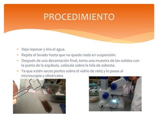 Deja reposar y tira el agua.
 Repite el lavado hasta que no quede nada en suspensión.
 Después de una decantación fina...