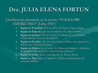 Dra. JULIA ELENA FORTUNDra. JULIA ELENA FORTUN
Clasificación planteada en la revista “FOLKLOREClasificación planteada en la revista “FOLKLORE
AMERICANO” (Lima 1967)AMERICANO” (Lima 1967)
1.1. Según su Variedad:Según su Variedad: (Por su estilo) Ej. Danza Ligera Grave(Por su estilo) Ej. Danza Ligera Grave
2.2. Según su Especie:Según su Especie: (por los interpretes) Ej. Danza mixta(por los interpretes) Ej. Danza mixta
3.3. Según su Genero:Según su Genero: (Por la Forma) Ej. Danza de pareja suelta(Por la Forma) Ej. Danza de pareja suelta
independiente. Con uso de pañuelo.independiente. Con uso de pañuelo.
4.4. Según su Familia:Según su Familia: (Por los movimientos) Danza de expansión o(Por los movimientos) Danza de expansión o
abierta, con variedad de pasos.abierta, con variedad de pasos.
5.5. Según su Orden:Según su Orden: (por el tema) Ej. Danza de imagen o mimética,(por el tema) Ej. Danza de imagen o mimética,
de galanteo, que involucra requerimiento amoroso.de galanteo, que involucra requerimiento amoroso.
6.6. Según su Clase:Según su Clase: (por la adscripción) Ej. Danza Social.(por la adscripción) Ej. Danza Social.
7.7. Según su Tipo:Según su Tipo: (por el Origen) Ej. Danza posthispanica, de(por el Origen) Ej. Danza posthispanica, de
carácter criollistacarácter criollista
 