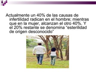 Actualmente un 40% de las causas de
infertilidad radican en el hombre; mientras
que en la mujer, alcanzan el otro 40%. Y
el 20% restante se denomina “esterilidad
de origen desconocido”
 