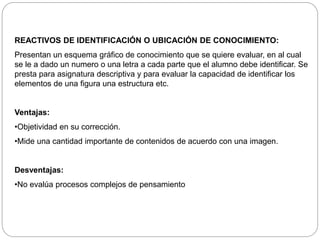 REACTIVOS DE IDENTIFICACIÓN O UBICACIÓN DE CONOCIMIENTO: 
Presentan un esquema gráfico de conocimiento que se quiere evaluar, en al cual 
se le a dado un numero o una letra a cada parte que el alumno debe identificar. Se 
presta para asignatura descriptiva y para evaluar la capacidad de identificar los 
elementos de una figura una estructura etc. 
Ventajas: 
•Objetividad en su corrección. 
•Mide una cantidad importante de contenidos de acuerdo con una imagen. 
Desventajas: 
•No evalúa procesos complejos de pensamiento 
 