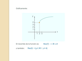 Gráficamente:
x
y
321
1
2
3
4
El recorrido de la función es:
o también: Rec(f) = {y Є IR / y ≥ 4}
 