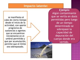 Impacto latente:

se manifiesta al
cabo de cierto tiempo
desde el inicio de la
actividad, con aporte
progresivo de
sustancias o agentes
que se encuentran
inicialmente en el
umbral permitido y
que por acumulación,
permite que el límite
sea sobrepasado.

Ejemplo
Algún contaminante
que se vertía en dosis
permitidas pero luego
de un tiempo
determinado se
sobrepasó la
capacidad de
depuración del
cuerpo donde era
vertido.

 