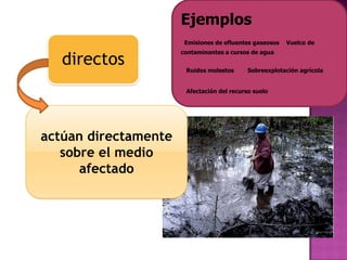 Ejemplos
Emisiones de efluentes gaseosos

directos

contaminantes a cursos de agua
Ruidos molestos

Sobreexplotación agrícola

Afectación del recurso suelo

actúan directamente
sobre el medio
afectado

Vuelco de

 