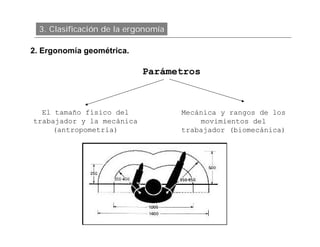 3. Clasificación de la ergonomía

2. Ergonomía geométrica.

                            Parámetros



  El tamaño físico del               Mecánica y rangos de los
trabajador y la mecánica                 movimientos del
    (antropometría)                  trabajador (biomecánica)
 