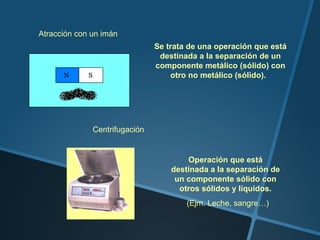 Atracción con un imán
                               Se trata de una operación que está
                                destinada a la separación de un
                               componente metálico (sólido) con
                                   otro no metálico (sólido).




              Centrifugación


                                       Operación que está
                                   destinada a la separación de
                                    un componente sólido con
                                     otros sólidos y líquidos.
                                       (Ejm. Leche, sangre…)
 