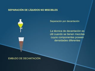 SEPARACIÓN DE LÍQUIDOS NO MISCIBLES



                             Separación por decantación



                             La técnica de decantación es
                             útil cuando se tienen mezclas
                              cuyos componentes poseen
                                  densidades diferentes




EMBUDO DE DECANTACIÓN
 