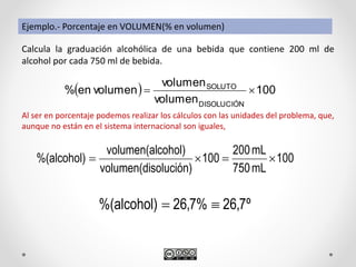 Calcula la graduación alcohólica de una bebida que contiene 200 ml de
alcohol por cada 750 ml de bebida.
Ejemplo.- Porcentaje en VOLUMEN(% en volumen)
  100
volumen
volumen
volumenen%
DISOLUCIÓN
SOLUTO

100
solución)volumen(di
cohol)volumen(al
%(alcohol)  100
mL750
mL200

Al ser en porcentaje podemos realizar los cálculos con las unidades del problema, que,
aunque no están en el sistema internacional son iguales,
º7,26%7,26%(alcohol) 
 