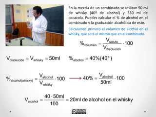 En la mezcla de un combinado se utilizan 50 ml
de whisky (40º de alcohol) y 330 ml de
cocacola. Puedes calcular el % de alcohol en el
combinado y la graduación alcohólica de este.
100
V
V
%
disolución
soluto
volumen 
ml50VV whiskydisolución 
Calculamos primero el volumen de alcohol en el
whisky, que será el mismo que en el combinado.
)º40%(40%alcohol 
100
V
V
%
whisky
alcohol
isky)alcohol(wh  100
50ml
V
%04 alcohol

whiskyelenalcoholde20ml
100
50ml40
Valcohol 


 