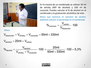 En la mezcla de un combinado se utilizan 50 ml
de whisky (40º de alcohol) y 330 ml de
cocacola. Puedes calcular el % de alcohol en el
combinado y la graduación alcohólica de este.
100
V
V
%
disolución
soluto
volumen 
330ml50mlVVV cocacolawhiskydisolución 
Ahora que tenemos el volumen de alcohol,
podemos calcular el porcentaje en el combinado.
100
VV
V
%
cocacolawhisky
alcohol
alcohol 

 5,3%100
330ml50ml
20ml



solutoalcohol V20mlV 
Ahora
 