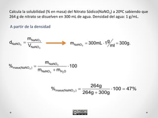 300g.
ml
g1300mLm 3NaNO 
Calcula la solubilidad (% en masa) del Nitrato Sódico(NaNO3) a 20ºC sabiendo que
264 g de nitrato se disuelven en 300 mL de agua. Densidad del agua: 1 g/mL.
A partir de la densidad
3
3
3
NaNO
NaNO
NaNO
V
m
d 
100
mm
m
%
OHNaNO
NaNO
)masa(NaNO
23
3
3



47%100
300g264g
264g
% )masa(NaNO3



 