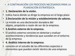 A CONTINUACIÓN LOS PROCESOS NECESARIOS PARA LA PLANEACIÓN ESTRATÉGICA:1. Declaración de la visión.indica hacia dónde se dirige la empresa en el largo plazo2.Declaración de la misión y establecimiento de valores.La misión es una declaración duradera del objeto, propósito o razón de ser de la empresa.3.Análisis externo de la empresa.El análisis externo consiste en detectar y evaluar acontecimiento y tendencias que sucedan en el entorno de la empresa4. Análisis interno de la empresa.consiste en el estudio de los diferentes aspectos o elementos que puedan existir dentro de una empresa