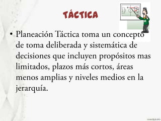 TÁCTICAPlaneación Táctica toma un concepto de toma deliberada y sistemática de decisiones que incluyen propósitos mas limitados, plazos más cortos, áreas menos amplias y niveles medios en la jerarquía.