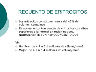 RECUENTO DE ERITROCITOS
 Los eritrocitos constituyen cerca del 45% del
volumen sanguíneo
 Es normal encontrar conteo de eritrocitos con cifras
superiores a la normal en recién nacidos,
NORMALMENTE SON HEMOCONCENTRADOS
VN:
 Hombre: de 4.7 a 6.1 millones de células/ mm3
 Mujer: de 4.2 a 5.4 millones de células/mm3
 