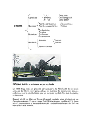 T.N.T Alto pode 
Explosivas Dinamita Mediano poder 
C4- C3 Bajo poder 
Agentes paralizanrtes Psicoquimicos 
BOMBAS Quimicas Agentes incapacitantes Fisícos 
Por bacterias 
Por virus 
Biologicas Por hondas 
Por protozoos 
Atomicas Plutonio 
Nucleares Plutonio 
Termonucleares 
CAÑON de Artillería antiaérea autopropulsada 
En 1942 Krupp inició un proyecto para proveer a la Wehrmacht de un cañón 
antiaéreo de 88 mm móvil para proteger los avances. Se construyeron algunos 
prototipos, pero la prioridad dada para los carros de combate hizo que el proyecto 
se estancara. 
Destacó el 8,8 cm Flak auf Sonderfahrgestell montado sobre el chasis de un 
Panzerkampfwagen IV, con un cañón FlaK 37/56 y después con Flak 41/75. Krupp 
fabricó tres prototipos, y aunque el desarrollo continuó hasta febrero de 1945, no 
llegó a fabricarse en serie. 
 
