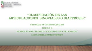 "CLASIFICACIÓN DE LAS
ARTICULACIONES SINOVIALES O DIARTROSIS."
DIPLOMADO EN ÓRTESIS PLANTARES
MÓDULO II
BIOMECÁNICA DE LAS ARTICULACIONES DEL PIE Y DE LA MARCHA
LUIS GABRIEL MOJARRO TENORIO
 