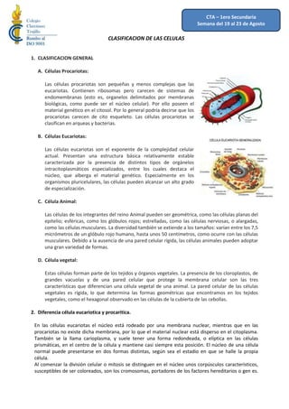 CLASIFICACION DE LAS CELULAS
1. CLASIFICACION GENERAL
A. Células Procariotas:
Las células procariotas son pequeñas y menos complejas que las
eucariotas. Contienen ribosomas pero carecen de sistemas de
endomembranas (esto es, organelos delimitados por membranas
biológicas, como puede ser el núcleo celular). Por ello poseen el
material genético en el citosol. Por lo general podría decirse que los
procariotas carecen de cito esqueleto. Las células procariotas se
clasifican en arqueas y bacterias.
B. Células Eucariotas:
Las células eucariotas son el exponente de la complejidad celular
actual. Presentan una estructura básica relativamente estable
caracterizada por la presencia de distintos tipos de orgánelos
intracitoplasmáticos especializados, entre los cuales destaca el
núcleo, que alberga el material genético. Especialmente en los
organismos pluricelulares, las células pueden alcanzar un alto grado
de especialización.
C. Célula Animal:
Las células de los integrantes del reino Animal pueden ser geométrica, como las células planas del
epitelio; esféricas, como los glóbulos rojos; estrelladas, como las células nerviosas, o alargadas,
como las células musculares. La diversidad también se extiende a los tamaños: varían entre los 7,5
micrómetros de un glóbulo rojo humano, hasta unos 50 centímetros, como ocurre con las células
musculares. Debido a la ausencia de una pared celular rígida, las células animales pueden adoptar
una gran variedad de formas.
D. Célula vegetal:
Estas células forman parte de los tejidos y órganos vegetales. La presencia de los cloroplastos, de
grandes vacuolas y de una pared celular que protege la membrana celular son las tres
características que diferencian una célula vegetal de una animal. La pared celular de las células
vegetales es rígida, lo que determina las formas geométricas que encontramos en los tejidos
vegetales, como el hexagonal observado en las células de la cubierta de las cebollas.
2. Diferencia célula eucariotica y procaritica.
En las células eucariotas el núcleo está rodeado por una membrana nuclear, mientras que en las
procariotas no existe dicha membrana, por lo que el material nuclear está disperso en el citoplasma.
También se la llama carioplasma, y suele tener una forma redondeada, o elíptica en las células
prismáticas, en el centro de la célula y mantiene casi siempre esta posición. El núcleo de una célula
normal puede presentarse en dos formas distintas, según sea el estadio en que se halle la propia
célula.
Al comenzar la división celular o mitosis se distinguen en el núcleo unos corpúsculos característicos,
susceptibles de ser coloreados, son los cromosomas, portadores de los factores hereditarios o gen es.
CTA – 1ero Secundaria
Semana del 19 al 23 de Agosto
 