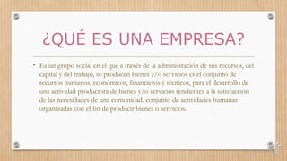 ¿QUÉ ES UNA EMPRESA?
• Es un grupo social en el que a través de la administración de sus recursos, del
capital y del trabajo, se producen bienes y/o servicios es el conjunto de
recursos humanos, económicos, financieros y técnicos, para el desarrollo de
una actividad productora de bienes y/o servicios tendientes a la satisfacción
de las necesidades de una comunidad. conjunto de actividades humanas
organizadas con el fin de producir bienes o servicios.
 