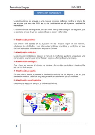 Evaluación del Lenguaje UAP - DUED
4
CLASIFICACION DE LAS LENGUAS
La clasificación de las lenguas es una, manera en donde podemos nombrar el criterio de
las lenguas que son más 5000, es donde conoceremos en el siguiente apartado la
clasificación.
La clasificación de las lenguas se basa en varios fines y criterios según los rasgos en que
se centran a la hora de ver las características en común y diferentes.
1.- Clasificación genética:
Este criterio está basado en su evolución de las lenguas según el tipo histórico,
estudiando las similitudes y sus diferencias fonéticas, gramática y semántica, en sus
cambios lingüísticos, ordenando las lenguas en familias.
2.- Clasificación sintáctica:
La clasificación sintáctica se basa en el número de morfemas que tiene una palabra y la
manera como se unen para formar frases y oraciones, formando así una sintaxis.
3.- Clasificación fonológica:
Este criterio se basa en el número de vocales y los sonidos particulares, dando así la
entonación de la lengua.
4.- Clasificación geografía:
En este criterio damos a conocer la distribución territorial de las lenguas, y es así que
conocemos muchas clases de lenguas agrupadas en continentes y subcontinentes.
5.- Clasificación sociolingüística:
Este criterio es el socio de la lengua, el contacto de sí mismo.
 