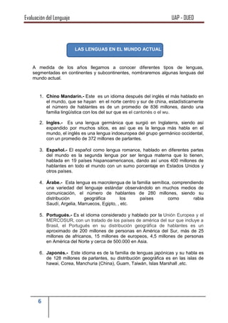 Evaluación del Lenguaje UAP - DUED
6
LAS LENGUAS EN EL MUNDO ACTUAL
A medida de los años llegamos a conocer diferentes tipos de lenguas,
segmentadas en continentes y subcontinentes, nombraremos algunas lenguas del
mundo actual.
1. Chino Mandarín.- Este es un idioma después del inglés el más hablado en
el mundo, que se hayan en el norte centro y sur de china, estadísticamente
el número de hablantes es de un promedio de 836 millones, dando una
familia lingüística con los del sur que es el cantonés o el wu.
2. Ingles.- Es una lengua germánica que surgió en Inglaterra, siendo así
expandido por muchos sitios, es así que es la lengua más habla en el
mundo, el inglés es una lengua indoeuropea del grupo germánico occidental,
con un promedio de 372 millones de parlantes.
3. Español.- El español como lengua romance, hablado en diferentes partes
del mundo es la segunda lengua por ser lengua materna que lo tienen,
hablada en 19 países hispanoamericanos, dando así unos 400 millones de
hablantes en todo el mundo con un sumo porcentaje en Estados Unidos y
otros países.
4. Árabe.- Esta lengua es macrolengua de la familia semítica, comprendiendo
una variedad del lenguaje estándar observándolo en muchos medios de
comunicación, el número de hablantes de 280 millones, siendo su
distribución geográfica los países como rabia
Saudí, Argelia, Marruecos, Egipto, , etc.
5. Portugués.- Es el idioma considerado y hablado por la Unión Europea y el
MERCOSUR, con un tratado de los países de américa del sur que incluye a
Brasil, el Portugués en su distribución geográfica de hablantes es un
aproximado de 200 millones de personas en América del Sur, más de 25
millones de africanos, 15 millones de europeos, 4,5 millones de personas
en América del Norte y cerca de 500.000 en Asia.
6. Japonés.- Este idioma es de la familia de lenguas japónicas y su habla es
de 128 millones de parlantes, su distribución geográfica es en las islas de
hawai, Corea, Manchuria (China), Guam, Taiwán, Islas Marshall ,etc.
 